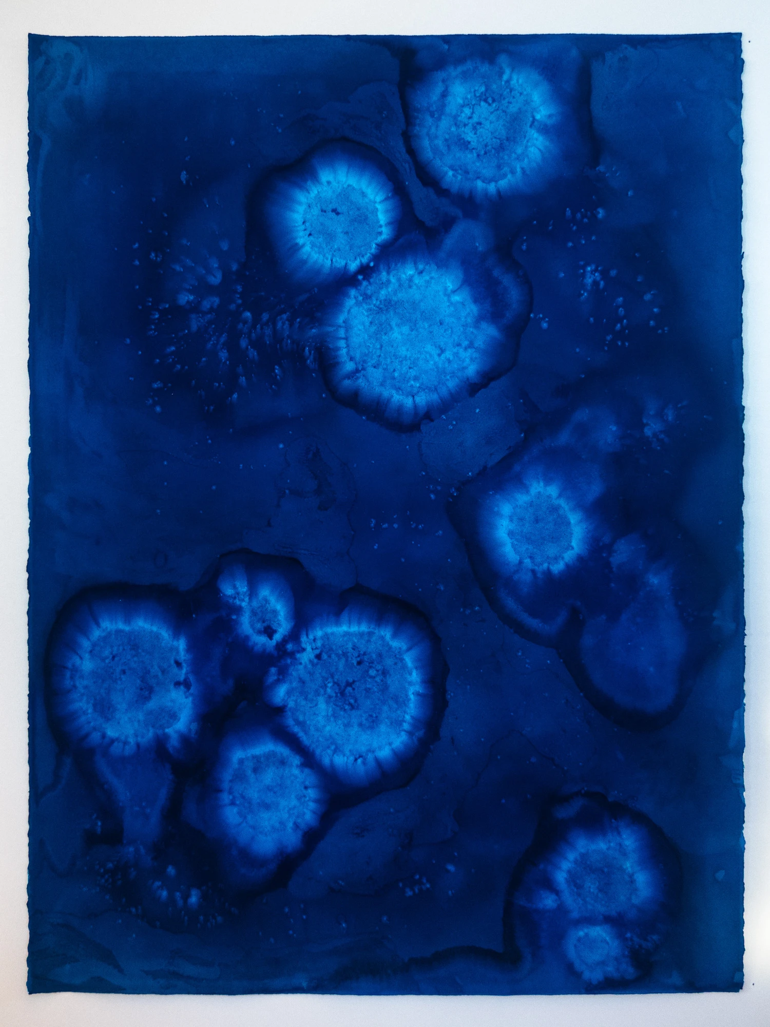 A pale bell-shaped mass suspended in deep Prussian blue, trailing filaments that break into granular drifts toward the lower edge.
